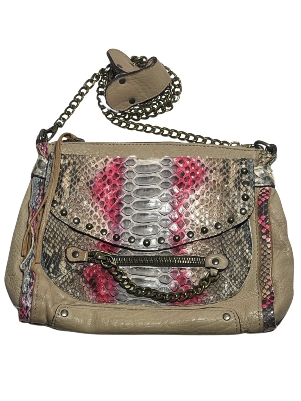 ABACO Paris Made France Leather Python Embossed Chain Crossbody Bag Pink Taupe